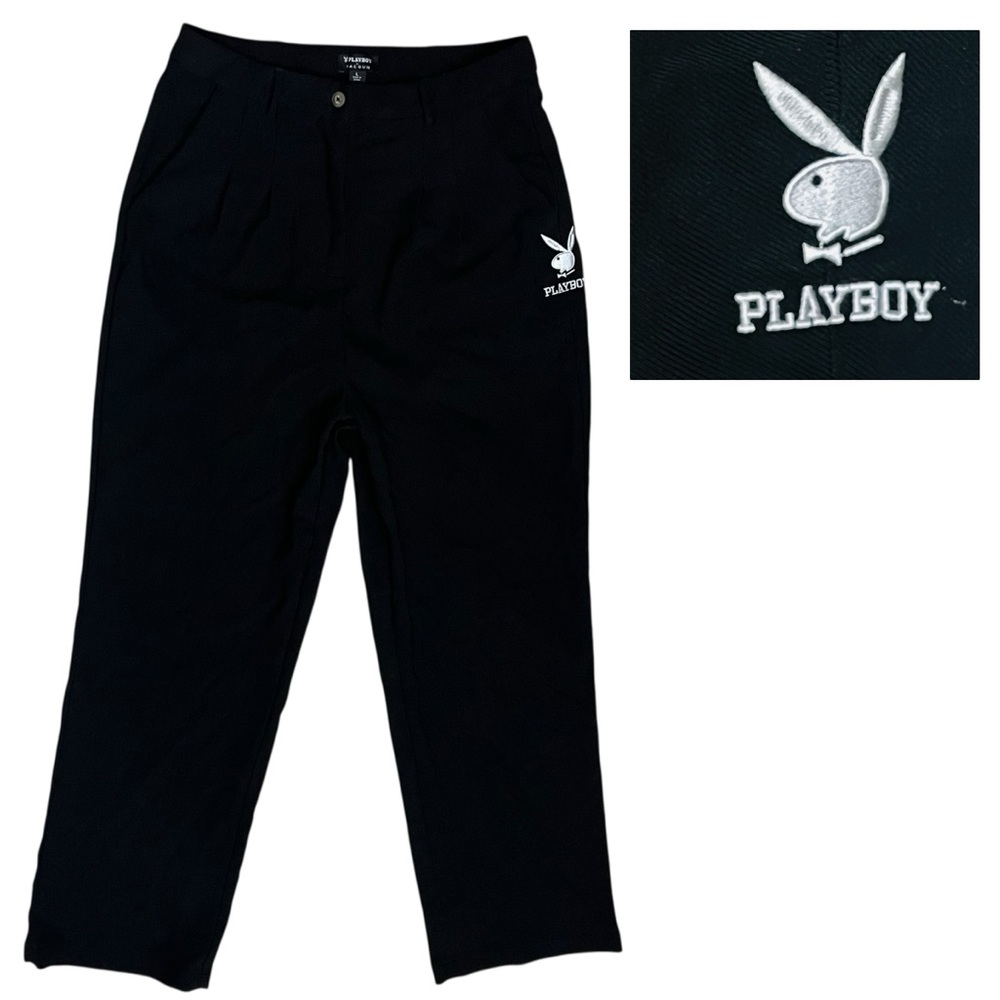 Playboy Pants Black Logo Women’s Boyfriend Pleated Flattering/Straight/Leg Sz L